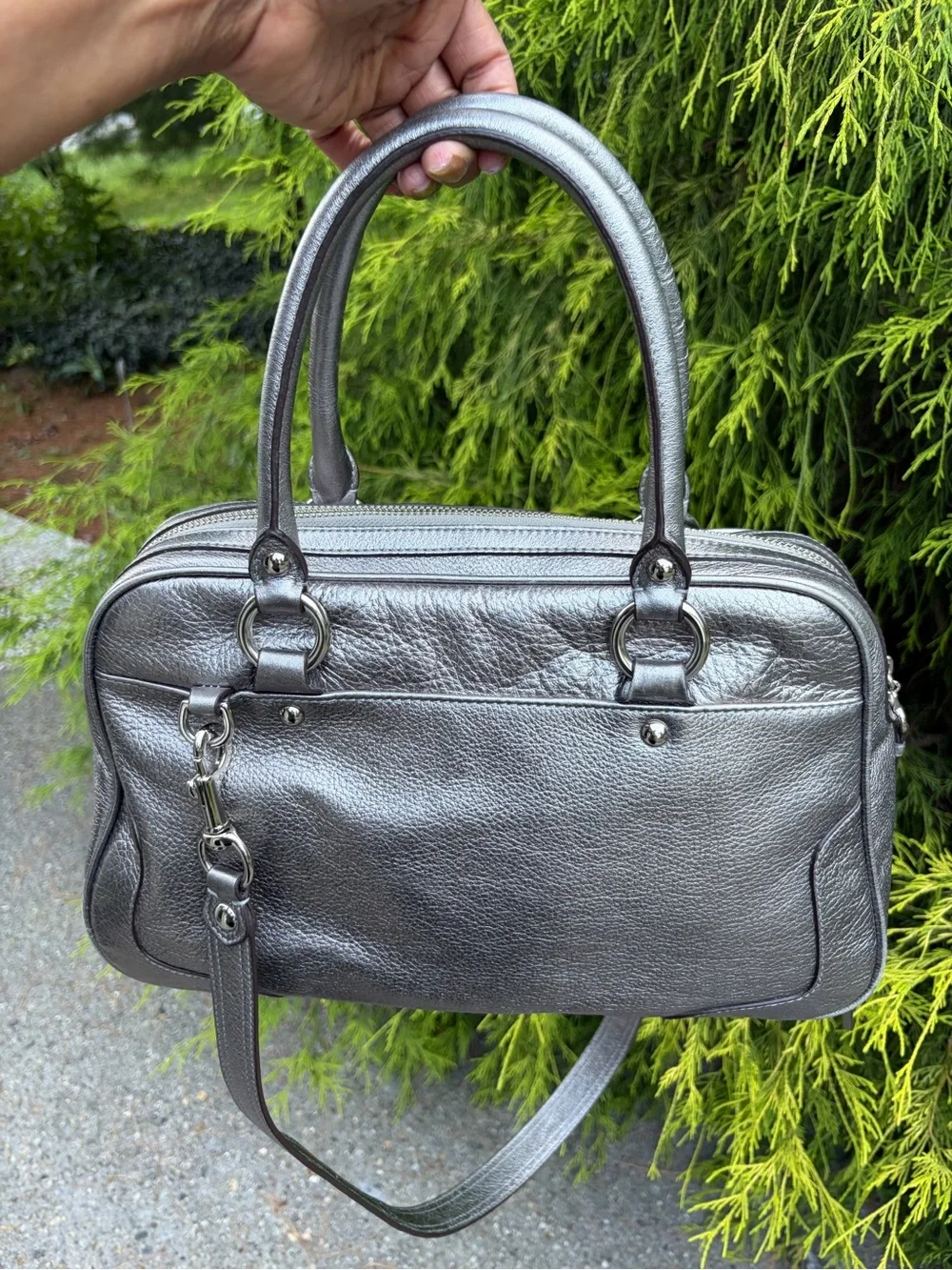 Coach Poppy Metallic Leather  Silver Pushlock Satchel 17888 With Crossbody Strap